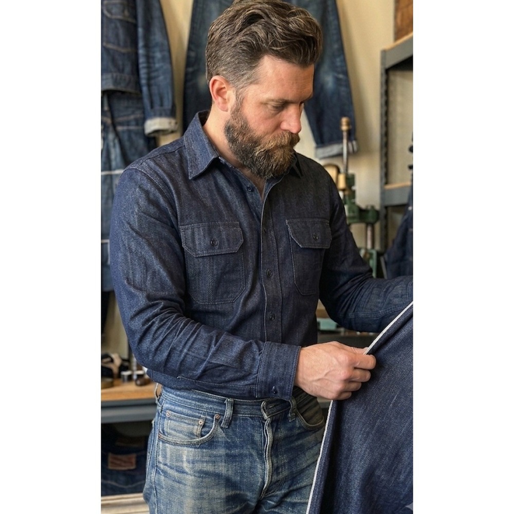 Tellason Denim Work Shirt Men's SMALL Long Sleeve White Oak Cone Denim USA Made